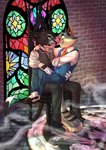 anthro bite biting_lip clothed clothing duo fully_clothed male male/male on_lap sitting_on_lap stained_glass_window horns_n_jams lackadaisy mordecai_heller rocky_rickaby domestic_cat felid feline felis mammal hi_res tagme