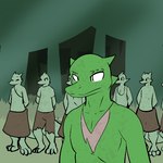 1:1 2014 ambiguous_gender anthro clothed clothing digital_media_(artwork) grass green_body green_skin group horn kobold lagotrope lizard outline plant pupils reptile scalie shirt slit_pupils standing story story_at_source story_in_description tgchan toga topless topwear tree