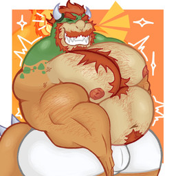 2_horns anthro arm_hair arms_between_legs barazoku beard belly belly_hair biceps big_belly big_muscles big_pecs body_hair bottomwear boxers_(clothing) chest_hair clothed clothing eyes_closed facial_hair forearm_muscles green_body hair hairy horn male multicolored_body muscular muscular_anthro muscular_male mustache nipples overweight overweight_anthro overweight_male pecs sharp_teeth simple_background smile solo spiked_tail spikes spikes_(anatomy) tail teeth thick_thighs topless trapezius triceps underwear underwear_only yellow_body crococola bowser_day mario_bros nintendo bowser koopa scalie 1:1 hi_res