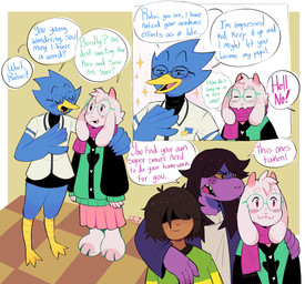 ambiguous_anthro ambiguous_gender ambiguous_human anthro barefoot beak blush bottomless bottomless_ambiguous bottomless_anthro bottomwear clothed clothed_anthro clothed_female clothed_human clothed_male clothing crossdressing dialogue eyewear featureless_crotch feet female freckles fully_clothed fully_clothed_anthro fully_clothed_female fully_clothed_human fully_clothed_male glasses group hair hair_over_eyes humor male skirt text tomboy ludwignightly deltarune undertale_(series) berdly kris_dreemurr ralsei susie_(deltarune) avian bird bovid caprine goat human mammal scalie english_text hi_res