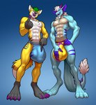 anthro beckoning big_bulge black_body black_fur black_markings blue_body bulge detailed_bulge duo fur genitals gesture green_hair hair hand_gesture huge_bulge male markings muscular muscular_male open_mouth penis pointing pointing_at_penis purple_markings simple_background smile standing tail teeth tongue tongue_out white_body white_fur yellow_body yellow_fur longblueclaw mythology pineapple_fox canid canine dragon fox mammal mythological_creature mythological_scalie scalie 2022 digital_media_(artwork) hi_res