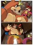 anthro belly blue_eyes bottomwear brown_body brown_fur clothing duo flaccid fur genitals jewelry male necklace nipples pecs penis shorts sleeping slightly_chubby torn_clothing eclipticafusion banjo-kazooie rareware banjo_(banjo-kazooie) mumbo_jumbo_(banjo-kazooie) bear mammal comic hi_res