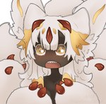 anthro big_eyes black_body black_skin blonde_hair blush breasts claws covering covering_breasts cute_fangs fangs female fluffy fur hair happy hiding_nipple open_mouth solo teeth white_body white_fur white_hair true_fossil_soul made_in_abyss faputa arthropod chinchilla chinchillid hybrid insect lepidopteran mammal moth narehate rodent colored hi_res