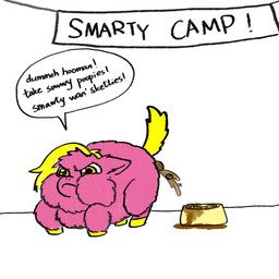 ambiguous_feral ambiguous_gender angry blonde_hair bowl container dialogue feces feces_in_bowl feral fur hair hooves mouth_closed pet_bowl pink_body pink_fur pooping raised_tail solo tail text yellow_eyes yellow_hooves yellow_tail young young_ambiguous young_feral yellowcottoncandy030 fluffy_pony fluffy_pony_(species) mammal 1:1 2025 broken_language english_text hi_res