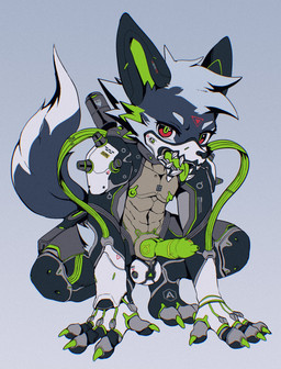animal_genitalia animal_penis anthro armor athletic ball_armor black_hair canine_genitalia canine_penis crouching cybernetic_attachment cybernetics erection genitals green_penis green_pupils green_tongue grey_body hair hands_on_ground kemono knot machine male open_mouth penis power_armor pupils red_eyes solo three-quarter_view tongue tongue_out alanisawolf777 canid canine canis domestic_dog mammal absurd_res hi_res