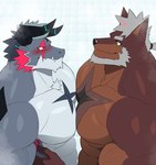 abs absurd_res anthro blush brown_body brown_fur canid canine canis clothed clothing domestic_dog dragon duo fur giansar gohki_shiranui gohki_shiranui_(character) grey_body grey_hair hair hi_res horn lifewonders live_a_hero male male/male mammal mature_male muscular muscular_anthro muscular_male mythological_creature mythological_scalie mythology pec_frottage pecs pecs_frottage scalie scar sojin_advance topless vein veiny_muscles white_hair