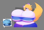 anthro big_breasts black_eyes blonde_hair blue_body blush breasts cleavage clothed clothing duo female fur hair huge_breasts huge_thighs hyper hyper_breasts looking_at_viewer male midriff navel one_eye_obstructed smile standing tail thick_thighs tongue tongue_out white_body white_fur wide_hips dewbber nintendo pokemon bailey_(kittybaileynya) tusks_the_dewott dewott domestic_cat felid feline felis generation_5_pokemon mammal pokemon_(species) hi_res