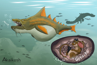 anthro belly big_belly black_tail_tip brown_arms brown_legs brown_tail burping dipstick_tail duo feral fish_tail green_body inside_stomach internal male markings mouse_ears open_mouth orange_fin tail tail_markings text vore white_belly akaikosh aquatic fish mammal mouse murid murine rodent 2024 3:2 english_text watermark