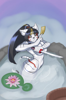 anthro black_hair breasts covering covering_breasts female flower hair holding_melee_weapon holding_object holding_sword holding_weapon hot_spring lily_pad looking_at_viewer melee_weapon nude onsen partially_submerged plant solo sword tail water weapon white_body blanic nekomata_(blanic) felid mammal pantherine tiger 2025 digital_media_(artwork) hi_res