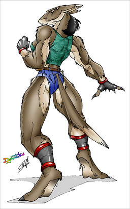anthro back_focus biceps female muscular muscular_anthro muscular_female simple_background solo tail teknokat thick_thighs white_background christie_majors dynotaku bloody_roar konami fan_character macropod mammal marsupial werecreature 1998 5:8 artist_collaboration source_request
