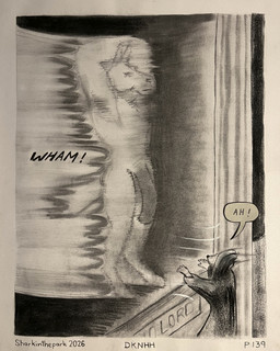 ambiguous_gender anthro arms_above_head border column duo genitals hooded_cloak male neutral_expression penis size_difference sound_effects speed_lines surprised sharkinthepark equid equine horse mammal 2026 4:5 absurd_res charcoal_(artwork) comic greyscale hi_res monochrome traditional_media_(artwork)