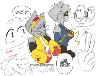 anthro bodily_fluids clothed clothing duo female female/female food hot_dog mustard sweat sweatdrop text hakomee gameoverse glitch_productions kit_bodega scratch_(gameoverse) domestic_cat felid feline felis mammal 2026 english_text
