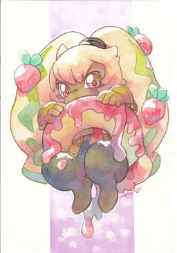 anthro blush bottomwear chibi clothing dessert doughnut food fruit fur gloves handwear long_ears male orange_eyes pants pastry plant ponytail_ears solo strawberry yellow_body yellow_fur chibicheu bandai_namco digimon digimon_(species) lagomorph leporid mammal rabbit symbareangoramon hi_res