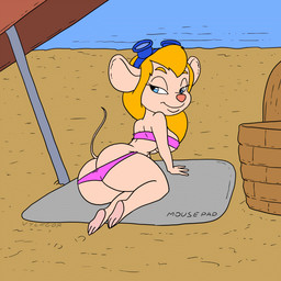 anthro beach big_breasts big_butt blonde_hair blue_eyes breasts butt butt_cleavage clothed clothing eyewear female fur goggles hair long_hair solo swimwear white_body white_fur vylfgor chip_'n_dale_rescue_rangers disney gadget_hackwrench mammal mouse murid murine rodent 1:1 2025 animated digital_media_(artwork)
