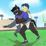 american_football anthro ball bulge clothed clothing crop_top duo football_field footwear gridiron_ball jockstrap male pantsless shirt shoes sport stadium tackle topwear underwear fuze texnatsu james_oliver sam_jackson avian bird equid equine horse mammal 1:1 colored_sketch hi_res sketch