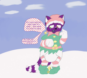 clean_diaper diaper elf_costume embarrassed gesture hand_gesture knock-kneed looking_away looking_down pointing pointing_at_self snow srcfur rei_(restrixc) hi_res