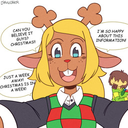 anthro blonde_hair brown_hair buckteeth clothed clothing duo female freckled_face freckles green_clothing green_sweater green_topwear hair horn looking_at_viewer open_mouth open_smile pattern_clothing pattern_sweater pattern_topwear smile smiling_at_viewer striped_clothing striped_sweater striped_topwear stripes sweater talking_to_viewer teeth text topwear drawligator deltarune undertale_(series) kris_dreemurr noelle_holiday deer human mammal 1:1 english_text hi_res