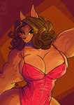 2021 anthro big_breasts big_muscles breasts brown_background brown_body brown_eyes brown_fur brown_hair canid canine cleavage clothed clothing conditional_dnp dress female fur hair huge_breasts huge_hips jollyjack looking_at_viewer mammal muscular muscular_arms muscular_female mythological_canine mythological_creature mythology simple_background solo text were werecanid werecanine werewolf wide_hips