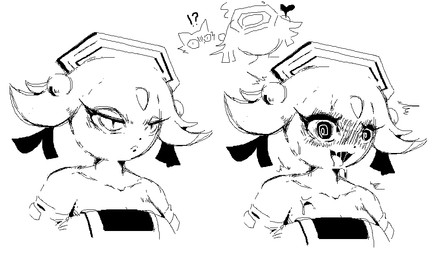 anthro black_eyes black_nose blush blush_lines bodily_fluids clothing ear_piercing eyelashes female floppy_ears forehead_gem front_view gem halo lop_ears open_mouth open_smile piercing pupils simple_background slit_pupils smile solo spiral spiral_eyes sweat sweatdrop topwear white_background soundoutline nine_sols red_candle_games goumang_(nine_sols) felid feline mammal solarian black_and_white monochrome