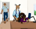 ahegao ambiguous_penetration anthro bent_over bent_over_desk bent_over_furniture bottomwear caught_in_the_act clothed clothed_sex clothing desk exhibitionism female from_behind_position furniture group looking_pleasured male male/female office open_mouth paws penetration platform_standing_doggystyle police police_officer police_uniform reverse_table_lotus_position sex skirt standing standing_doggystyle standing_sex surprise table trio uniform unprofessional_behavior upskirt_sex walk-in window gaikotsu caracal caracal_(genus) domestic_cat felid feline felis mammal serval 5:4