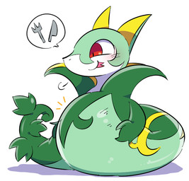 ambiguous_gender blush cutlery feral fork kitchen_utensils knife plant red_eyes serpentine simple_background solo speech_bubble tongue tongue_out tools white_background kotaro_kurokawa nintendo pokemon elemental_creature flora_fauna generation_5_pokemon pokemon_(species) reptile scalie serperior 2018 pictographics