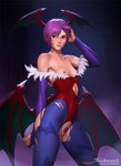 bat_pattern blush breasts butt_wings claws clothed clothing embarrassed erect_nipples exposed_breasts female female_humanoid fog genitals hair hand_in_hair head_wings light_body light_skin looking_aside membrane_(anatomy) membranous_wings nipples not_furry pink_hair pubes purple_pubes red_eyes short_hair small_breasts solo standing tight_clothing torn_clothing touching_hair unusual_wing_placement vulva wardrobe_malfunction wing_claws wings tarakanovich capcom darkstalkers lilith_aensland demon demon_humanoid humanoid 2022 hi_res portrait three-quarter_portrait