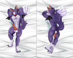 abs anthro balls bedding bedding_background bow_tie butt claws dakimakura erection fur genitals knot male muscular muscular_anthro muscular_male pecs penis purple_body purple_fur solo tail wings checkhoff bandai_namco digimon mythology foxy_the_dorumon digimon_(species) dorumon dragon furred_dragon furred_scalie mythological_creature mythological_scalie scalie x-digimon dakimakura_design hi_res