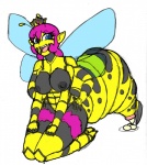 antennae_(anatomy) anthro arthropod_abdomen big_breasts biped blue_eyes breasts crown egg female fur hair headgear insect_wings kneeling monster_girl_(genre) multi_arm multi_limb nipples non-mammal_breasts ovipositor pink_hair simple_background smile solo stinger translucent translucent_wings tuft wide_hips wings tryfag kyubee arthropod bee hymenopteran insect queen_bee digital_media_(artwork) full-length_portrait portrait