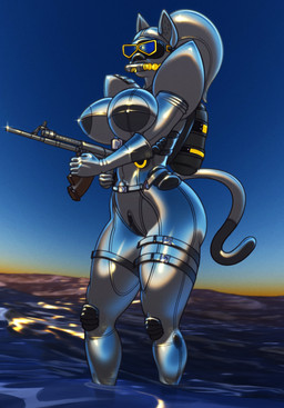 anthro big_breasts breasts clothing crotch_zipper diving_mask female grey_clothing grey_latex grey_skinsuit gun holding_gun holding_object holding_ranged_weapon holding_rifle holding_weapon huge_breasts latex latex_clothing latex_skinsuit mask partially_submerged ranged_weapon rifle scuba scuba_gear scuba_tank skinsuit solo standing tail tight_clothing water weapon wetsuit wide_hips buffbumblebee domestic_cat felid feline felis mammal 2026 hi_res