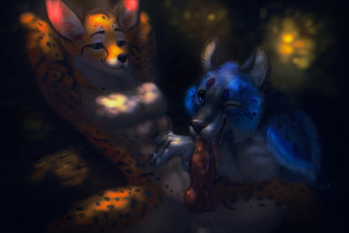 abs animal_genitalia animal_penis anthro anthro_on_anthro balls biped black_nose blue_body blue_eyes blue_fur bodily_fluids canine_genitalia canine_penis claws cum cum_drip cum_in_mouth cum_inside cum_on_penis dripping duo ears_outwards erection fellatio fluffy fluffy_chest forest fur genital_fluids genitals glistening glistening_body glistening_fur glistening_genitalia glistening_penis green_eyes hand_on_belly hands_behind_head inner_ear_fluff knot licking log lying male male/male markings on_back open_mouth oral orgasm outside penile penis pivoted_ears plant purple_nose red_penis sex smile spots spotted_body spotted_fur tongue tongue_out tree tuft white_body white_fur wood yellow_body yellow_fur ti-r canid canine cheetah felid feline fennec_fox fox hybrid mammal pantherine snow_leopard true_fox 3:2 hi_res