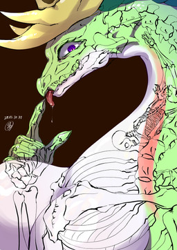 anthro big_breasts bone breasts female green_body oral_vore purple_eyes skeleton solo tongue vore white_body nagisole mythology dragon mythological_creature mythological_scalie scalie absurd_res hi_res