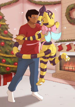 3_toes antennae_(anatomy) anthro big_breasts black_eyewear black_glasses black_stripes blue_bottomwear blue_clothing blue_pants bottomwear bow_collar bow_ribbon breasts brown_body brown_eyes brown_skin christmas_decorations christmas_present christmas_stocking christmas_tree clothed clothed/nude clothed_human clothed_male clothing dancing denim denim_bottomwear denim_clothing ear_piercing ear_ring eye_contact eyewear feet female female_anthro fireplace flapping flapping_wings flying footwear fur gift glasses gold_(metal) gold_ear_ring happy heart_pawpads heart_symbol holidays human_on_anthro_romance jeans looking_at_another male male/female male_human neck_bow nude nude_anthro nude_female on_one_leg one_calf_up pants pawpads paws piercing pink_bow plant purple_eyes raised_paw red_clothing red_shirt red_topwear ring_piercing shirt shortstack shortstack_female smile socks standing stripes t-shirt tail tail_coil thick_thighs toes toony topwear tree twirling twirling_tail white_clothing white_footwear white_pawpads white_socks yellow_body yellow_fur frezezyk christmas mob_entertainment poppy_playtime the_succubus_hunt cat-bee_(poppy_playtime) champion_(the_succubus_hunt) meri_(cat-bee_form) meri_(the_succubus_hunt) arthropod bee domestic_cat felid feline felis human hybrid hymenopteran insect mammal absurd_res hi_res