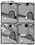 ambiguous_gender car feral humor pecking solo text tire vandalism vehicle kc_green gunshowcomic avian bird comic greyscale monochrome screentone url