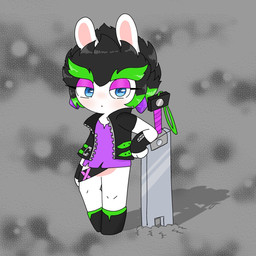3_fingers amethyst_(gem) anthro belt belt_buckle bent_arm black_boots black_clothing black_footwear black_gloves black_hair black_handwear black_jacket black_topwear blue_eyes blush boots buckle clothed clothed_anthro clothed_female clothing cracked_ground ear_piercing eyebrows eyelashes featureless_crotch female female_anthro fingerless_gloves fingers footwear fur gem gloves green_belt green_eyebrows green_hair grey_background hair half-closed_eyes handwear jacket leaning_on_object leaning_on_sword light long_ears looking_at_viewer melee_weapon mouth_closed multicolored_hair narrowed_eyes noseless open_belt open_clothing open_jacket open_topwear pantsless_anthro pantsless_female piercing purple_clothing purple_ear_piercing purple_eyelids purple_shirt purple_topwear shirt shoes simple_background solo sparkles standing straight_leg sword tan_body tan_inner_ear tan_skin thick_eyebrows topwear torn_clothing torn_shirt torn_topwear two_tone_hair weapon white_body white_fur peypey_mei1925 mario_bros mario_plus_rabbids_sparks_of_hope nintendo raving_rabbids rayman_(series) ubisoft edge_(mario_plus_rabbids) lagomorph mammal rabbid 1:1 2024 colored crossover digital_drawing_(artwork) digital_media_(artwork) english_description full-length_portrait hi_res lighting portrait shaded