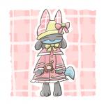 ambiguous_gender anthro black_body black_fur blue_body blue_fur border bow_hat clothing costume dress eyes_closed fur hat headgear headwear neck_bow neck_ribbon pattern_background ribbons simple_background solo white_border sikai nintendo pokemon generation_4_pokemon lucario pokemon_(species)