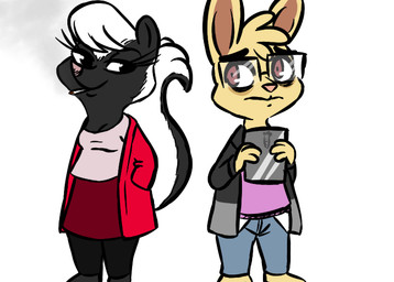 anthro cigarette clothed clothing duo eyewear female glasses hand_in_pocket looking_at_viewer male pockets red_eyes simple_background smile smoking tablet tablet_computer white_background inkyfrog disney zootopia fan_character lagomorph leporid mammal mephitid rabbit skunk 2017