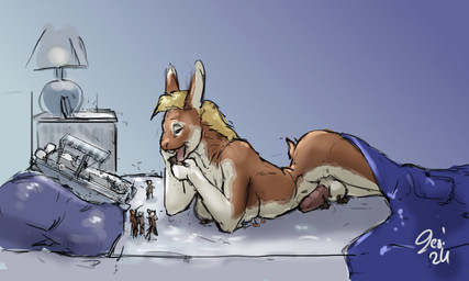 ambiguous_gender anthro balls bed blonde_hair blue_blanket blue_pillow boat breasts brown_body brown_fur butt erection fur furniture genitals group hair herm herm/ambiguous humanoid_genitalia humanoid_penis imminent_oral_vore imminent_vore inside intersex intersex/ambiguous lamp licking licking_another lying macro_herm nightstand nude on_bed on_front open_mouth penis pillow pinned pinned_by_balls pinned_by_breasts pinned_by_penis pinned_to_bed scut_tail short_tail tail text tongue under_covers vehicle watercraft white_body white_fur white_text jeri_kleinlowe lagomorph leporid mammal rabbit rodent 2024 colored dated guide_lines hi_res signature