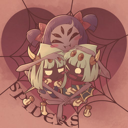 2_horns 4_eyes 5_eyes 6_arms accessory anthro blush blush_stickers bow_ribbon brown_body brown_skin carrying_another closed_smile clothing cute_fangs embarrassed empty_eyes fangs female floating_hands gloves group group_hug hair hair_accessory hair_bow hair_ribbon hand_on_head handwear heart_symbol holding_another horn hug hugging_another legless looking_at_viewer male mouth_closed multi_arm multi_eye multi_limb narrowed_eyes one_eye_closed open_mouth pigtails pink_background purple_body purple_hair purple_skin red_scarf ribbons scarf short_hair simple_background size_difference smile spider_web teeth text trio white_eyes white_hair 5health kirby:_triple_deluxe kirby_(series) nintendo undertale undertale_(series) muffet queen_sectonia_(original_form) taranza arachnid arthropod spider spidr 2020 crossover digital_drawing_(artwork) digital_media_(artwork) english_text hi_res japanese_description