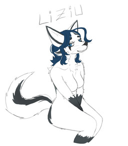 anthro black_lips black_markings black_nose blue_eyes blue_hair cheek_tuft chest_tuft cowlick eye_markings facial_tuft female fluffy fluffy_tail fur hair lips liziu_(sir_snipi) looking_aside markings nude simple_background sitting solo tail tail_markings text tuft whiskers white_body white_fur sir_snipi canid canine fox mammal marble_fox red_fox true_fox hi_res