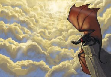 ambiguous_gender curved_horn day feral horn membrane_(anatomy) membranous_wings nude outside red_eyes sky solo sun tail wings aaros mythology dragon mythological_creature mythological_scalie scalie