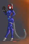 anthro clothing digitigrade female green_eyes grey_body gun hair hand_on_hip holding_gun holding_object holding_ranged_weapon holding_weapon looking_aside ranged_weapon red_hair science_fiction simple_background smile solo standing tight_clothing weapon fyrephase nelle_(fyrephase) felid mammal pantherine snow_leopard 2021 2:3 absurd_res digital_media_(artwork) hi_res