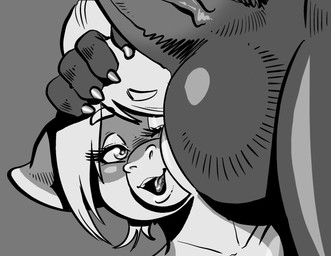 anthro balls balls_on_face big_balls big_penis claws close-up duo female genitals hair hand_on_head huge_balls huge_penis looking_at_balls looking_at_genitalia male male/female nude one_eye_closed one_eye_half-closed penis side_view standing teeth tongue vein veiny_penis charliepops bovid bovine cattle mammal 2024 absurd_res digital_media_(artwork) hi_res monochrome