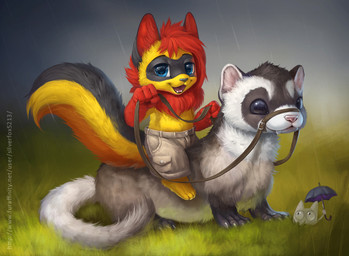 ambiguous_gender big_eyes blue_eyes clothed clothing daww duo feral fur hair male mane outside raining red_hair riding straddling topless umbrella yellow_body yellow_fur silverfox5213 canid canine domestic_ferret felid fox hybrid lion mammal mustelid musteline pantherine true_musteline weasel 2015 digital_media_(artwork) digital_painting_(artwork) painting_(artwork)