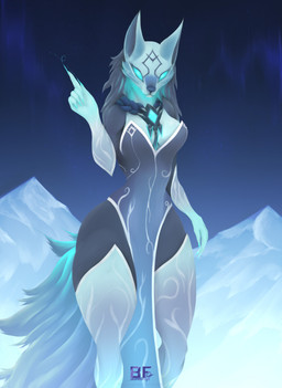 anthro clothing female fluffy fluffy_tail glowing glowing_eyes legwear mountain night solo tail borisfed dota valve valve_corporation crystal_maiden_wolf_persona canid canine canis mammal wolf hi_res