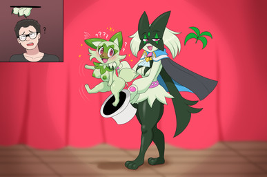 anthro before_and_after black_hair blush breasts busty_feral claws clothing duo exhibitionism eyewear female feral forced forced_exposure gender_transformation glasses green_body green_hair hair hat headgear headwear human_to_anthro looking_at_viewer magic_hat magic_hat-trick magician magician_hat male mtf_transformation nipples nude open_mouth pink_eyes pulled_from_hat question_mark red_curtains short_stackification shortstack shortstack_female simple_background smile species_transformation standing surprised tail top_hat transformation flybeeth nintendo pokemon felid generation_9_pokemon human mammal meowscarada pokemon_(species) sprigatito 2024 absurd_res digital_media_(artwork) hi_res