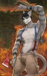 anthro axe bottomwear brown_bottomwear brown_clothing brown_pants building bulge clothed clothing fire looking_at_viewer male muscular muscular_anthro muscular_male pants ruins smile solo striped_body stripes tail topless topless_anthro topless_male twitter_handle refegi felid feline mammal 2023 absurd_res hi_res