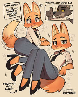 4_fingers anthro biped black_nose blush claws clothed clothed_anthro clothed_female clothing countershade_face countershading dialogue dipstick_tail directional_arrow duo emoticon eyebrow_piercing eyebrows eyelashes facial_piercing female female_anthro finger_claws fingers footwear fully_clothed fully_clothed_anthro fully_clothed_female fur gesture green_eyes grey_body grey_fur hand_gesture heart_symbol high_heels inner_ear_fluff lying male male_anthro markings motion_lines multicolored_body multicolored_fur multicolored_tail on_back orange_body orange_fur philtrum piercing pink_nose plantar_flexion shoes simple_background speech_bubble tail tail_markings tail_motion tailwag text thumbs_up tuft yellow_sclera jayrnski dreamworks the_bad_guys diane_foxington mr._wolf_(the_bad_guys) canid canine canis fox mammal wolf english_text hi_res