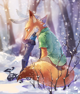 anthro belt black_body black_fur black_nose branch clothed clothing crouching dipstick_tail duo female fur green_eyes grey_body grey_fur hug light long_ears male markings multicolored_tail muzzle_(object) muzzled orange_body orange_fur plant police police_uniform size_difference snout snow tail tail_markings tall tree uniform white_body white_fur winter cpkon disney zootopia judy_hopps nick_wilde canid canine fox lagomorph leporid mammal rabbit red_fox true_fox 2017