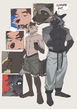 anthro big_muscles biped black_body black_eyes black_fur bottomwear clothed clothing duo floppy_ears fur grey_body grey_bottomwear grey_clothing grey_fur grey_pants grey_shorts male muscular muscular_anthro muscular_male nipple_fetish nipple_pinch nipple_play pants pinch shorts slim_anthro slim_male topless topless_anthro topless_male white_body white_fur hemuchang autumn_(outumn) shin_(hemuchang) canid canine canis domestic_dog fox mammal platinum_fox red_fox true_fox 2025 hi_res