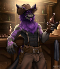 abs alcohol alcohol_bottle arm_tattoo bar beer beer_bottle beverage beverage_bottle bodily_fluids bottle bottomwear bulge cheek_tuft clothing container cowboy cowboy_hat cowboy_outfit drunk facial_tuft fangs fluffy fluffy_chest glowing glowing_eyes gun handgun hat headgear headwear holster holstered_pistol holstered_revolver horn humanoid_hands male muscular muscular_male pants pistol ranged_weapon revolver saliva saliva_on_tongue saloon shirtless shirtless_male solo substance_intoxication suspenders tattoo teeth time_period tuft weapon western wet_tongue p3rcyy jack_daniel's nardoragon absurd_res hi_res